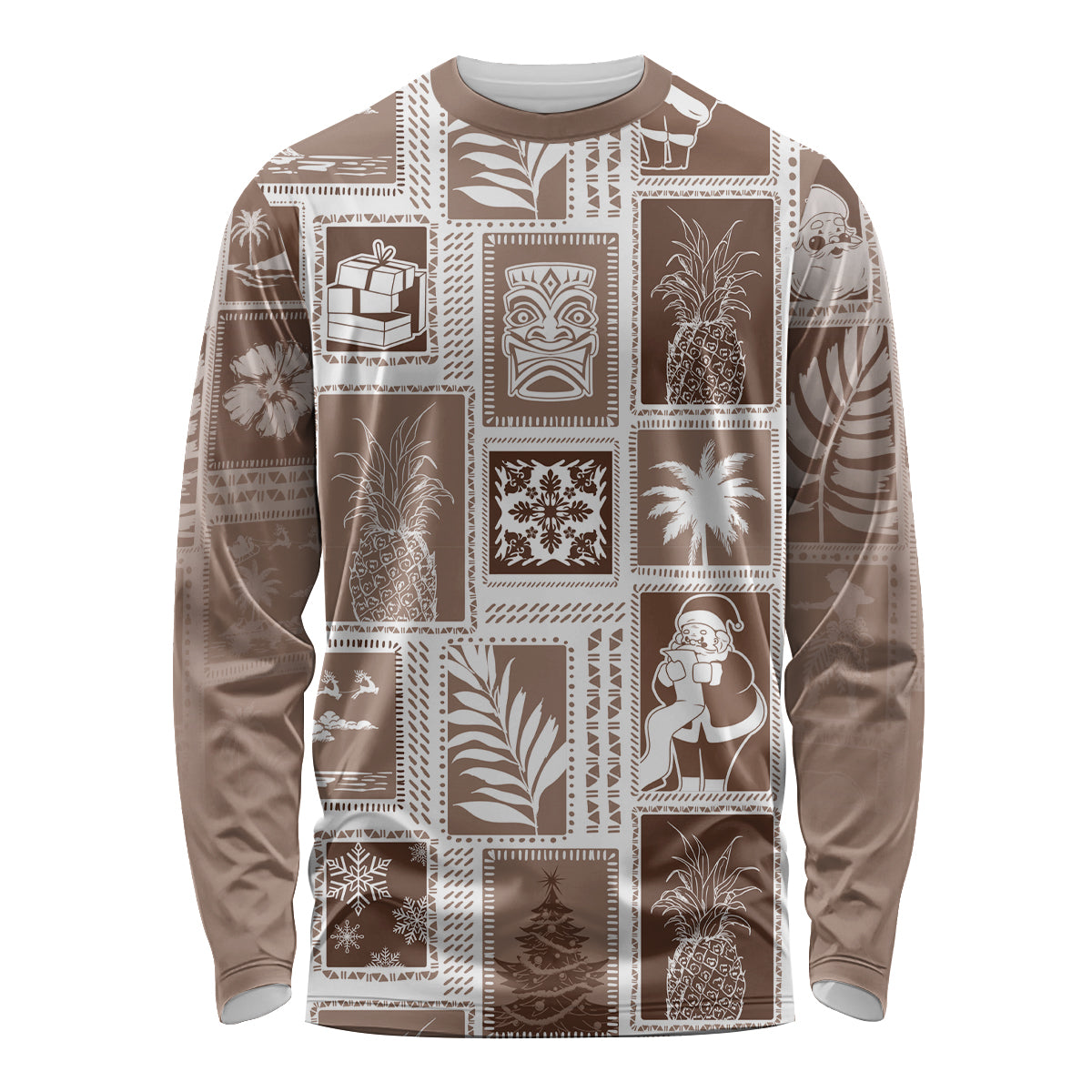 Hawaii Christmas Retro Patchwork Long Sleeve Shirt Brown LT7 Unisex Brown - Polynesian Pride