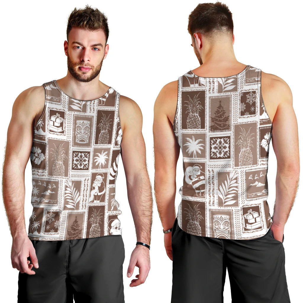Hawaii Christmas Retro Patchwork Men Tank Top Brown LT7 - Polynesian Pride