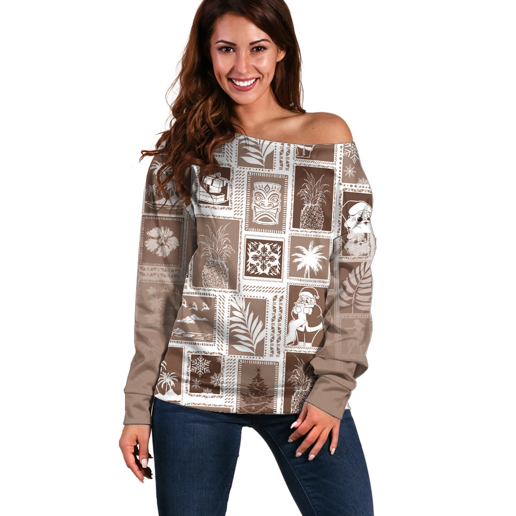 Hawaii Christmas Retro Patchwork Off Shoulder Sweater Brown LT7 Women Brown - Polynesian Pride