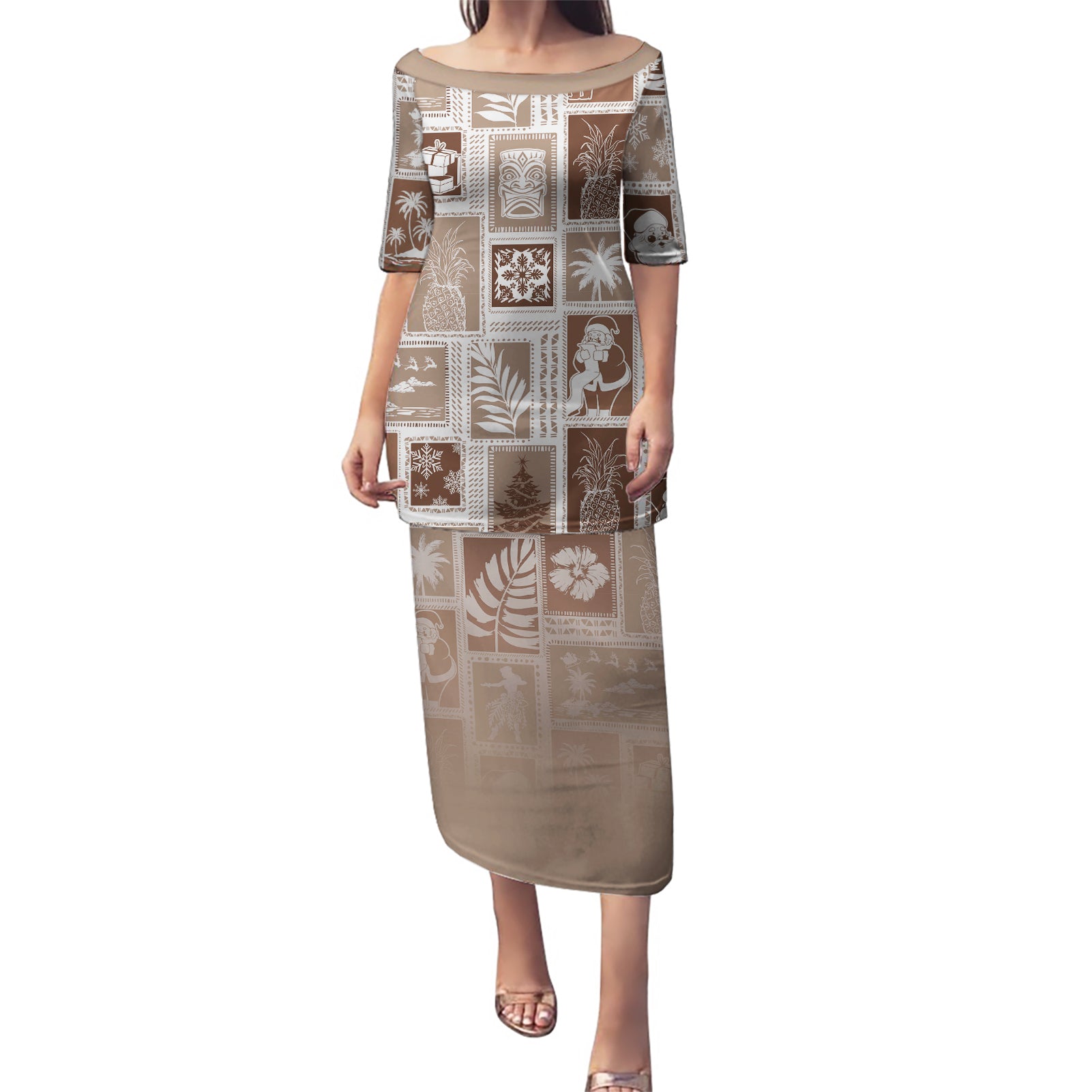 Hawaii Christmas Retro Patchwork Puletasi Brown LT7 Long Dress Brown - Polynesian Pride