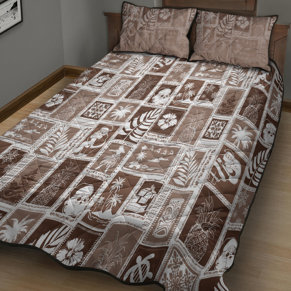 Hawaii Christmas Retro Patchwork Quilt Bed Set Brown LT7 - Polynesian Pride
