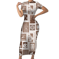 Hawaii Christmas Retro Patchwork Short Sleeve Bodycon Dress Brown LT7 Long Dress Brown - Polynesian Pride