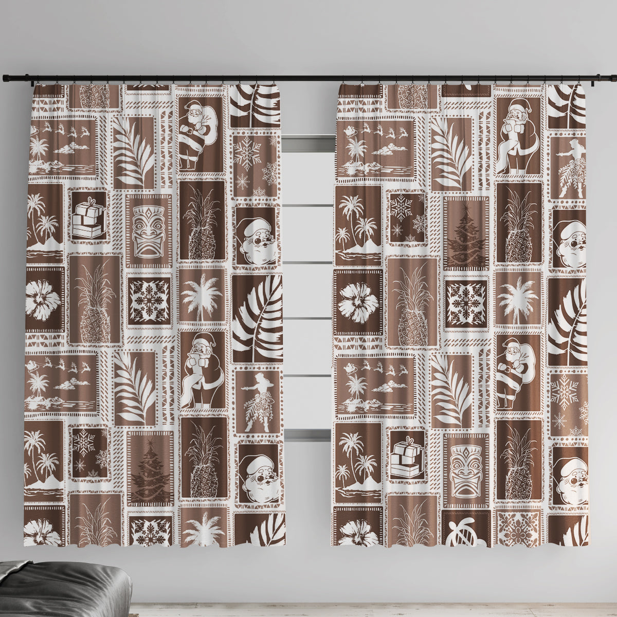 Hawaii Christmas Retro Patchwork Window Curtain Brown LT7 With Hooks Brown - Polynesian Pride