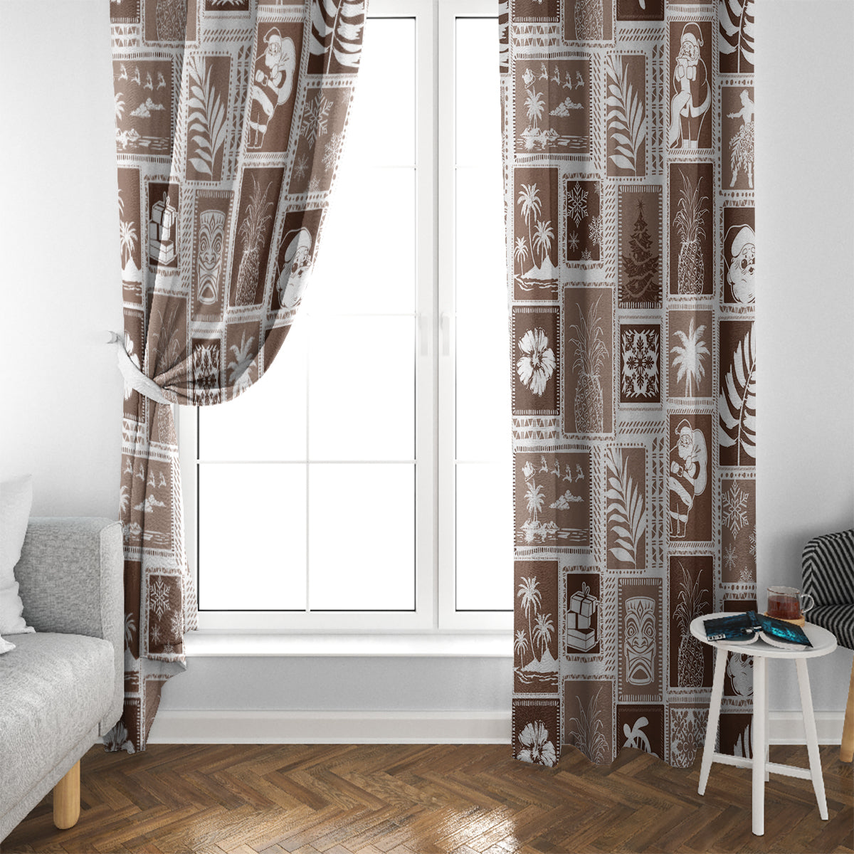 Hawaii Christmas Retro Patchwork Window Curtain Brown LT7 - Polynesian Pride