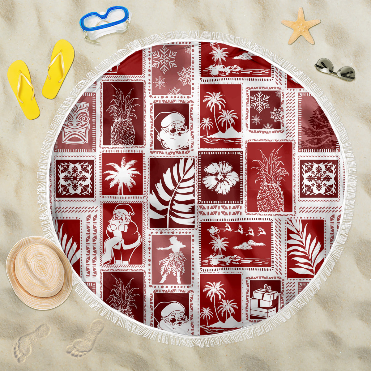 Hawaii Christmas Retro Patchwork Beach Blanket Red LT7 One Size 150cm Red - Polynesian Pride