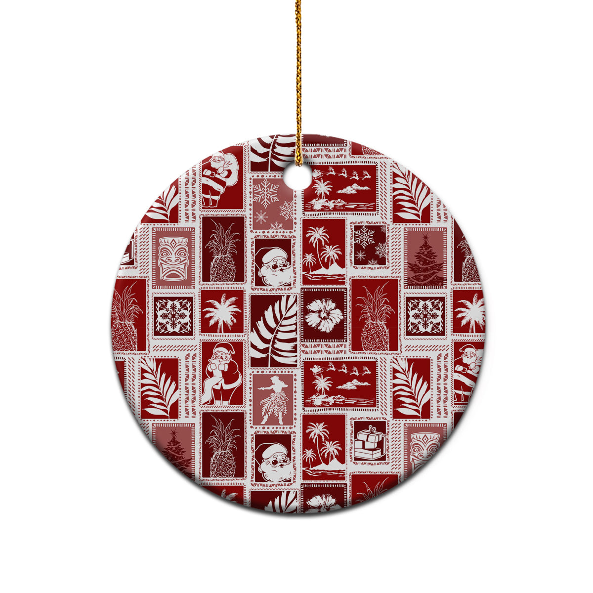 Hawaii Christmas Ceramic Ornament Retro Patchwork - Red LT7 - Polynesian Pride