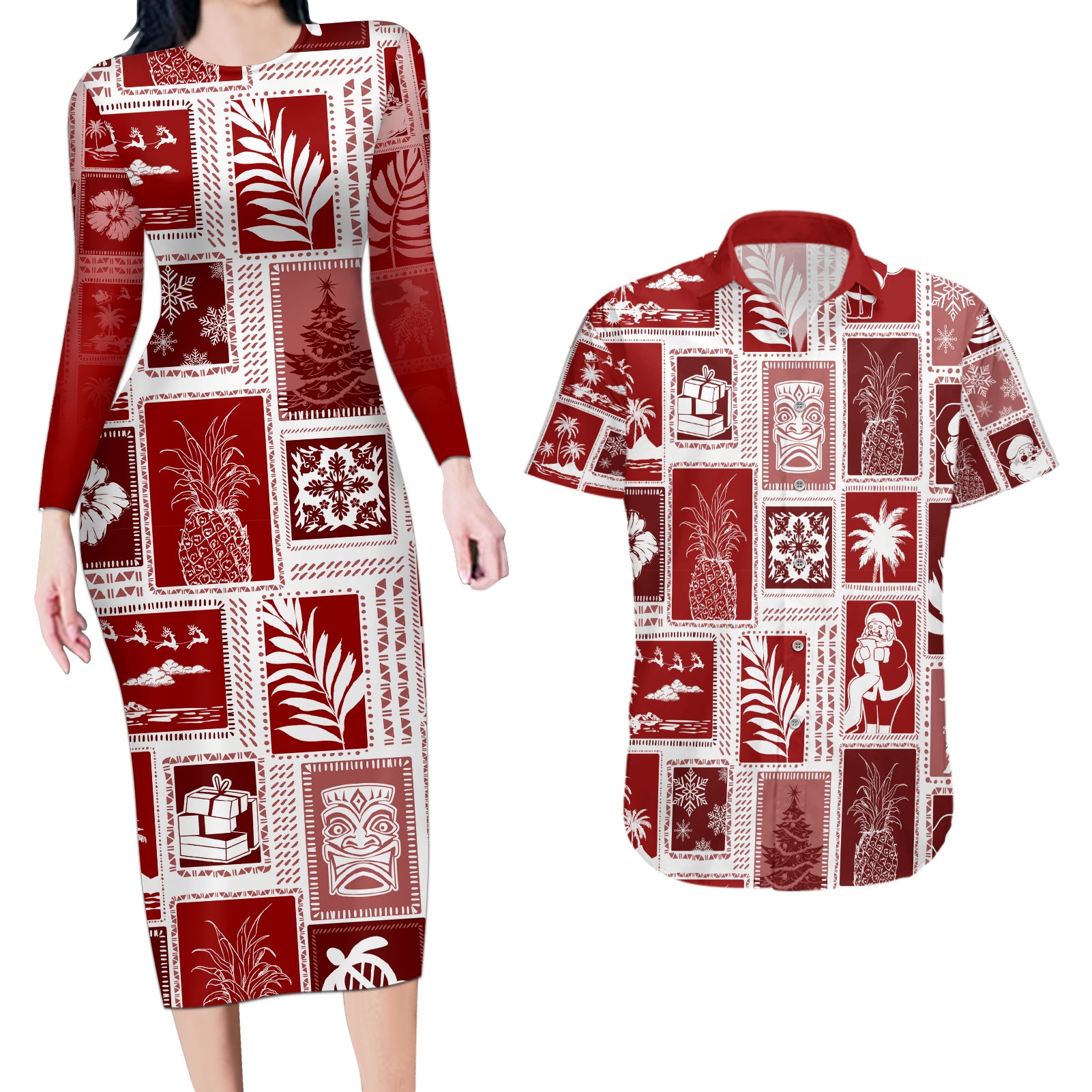 Hawaii Christmas Retro Patchwork Couples Matching Long Sleeve Bodycon Dress and Hawaiian Shirt Red LT7 Red - Polynesian Pride