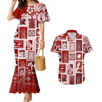 Hawaii Christmas Retro Patchwork Couples Matching Mermaid Dress and Hawaiian Shirt Red LT7 Red - Polynesian Pride