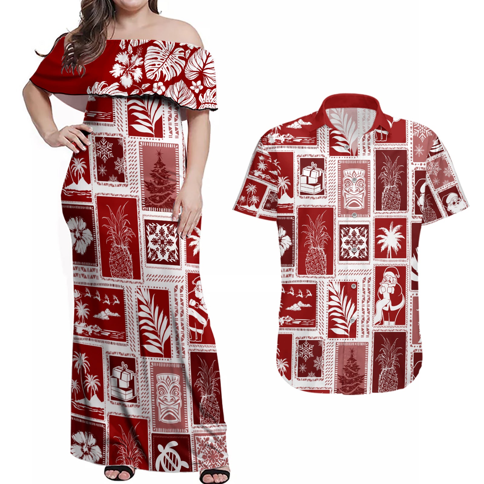 Hawaii Christmas Retro Patchwork Couples Matching Off Shoulder Maxi Dress and Hawaiian Shirt Red LT7 Red - Polynesian Pride