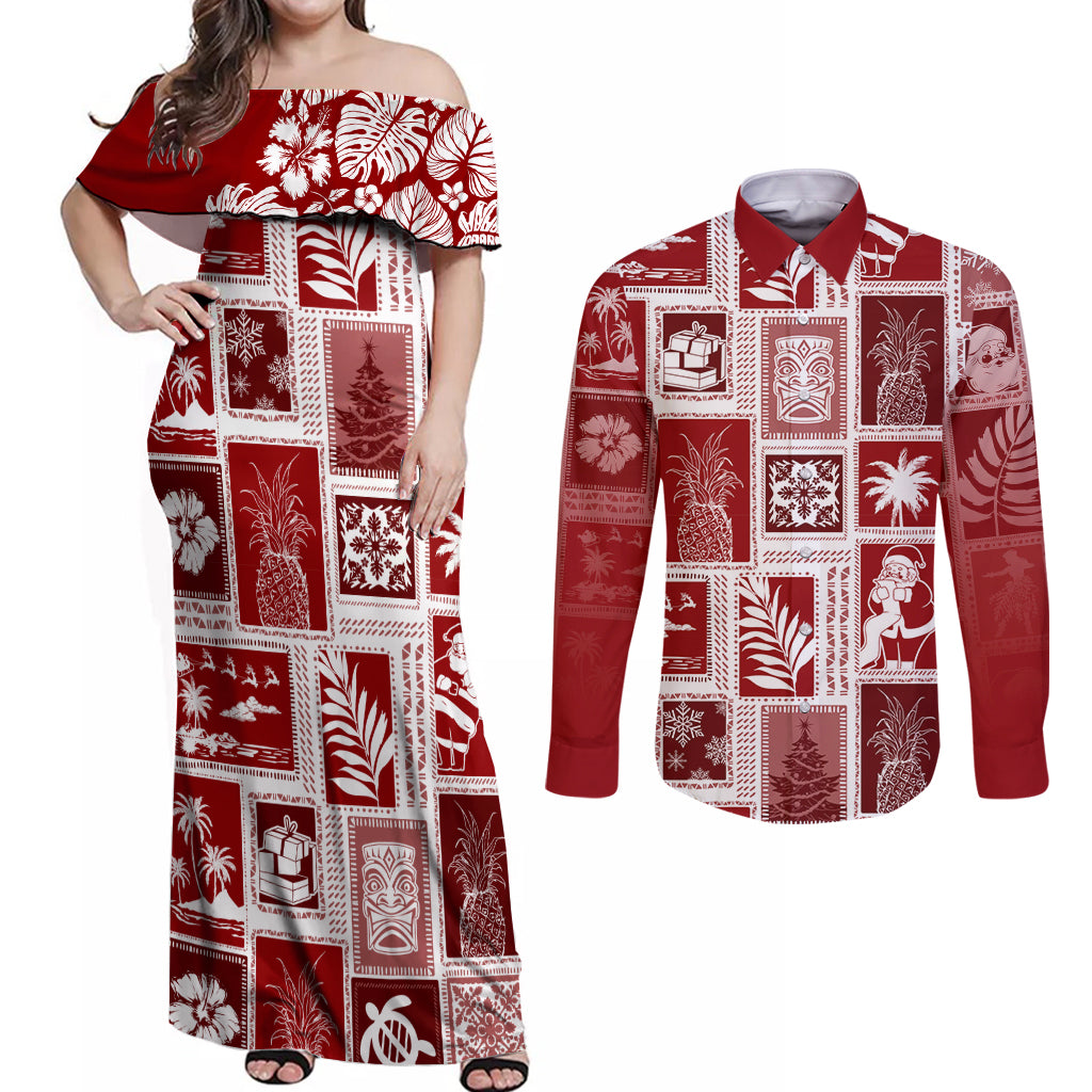 Hawaii Christmas Retro Patchwork Couples Matching Off Shoulder Maxi Dress and Long Sleeve Button Shirt Red LT7 Red - Polynesian Pride