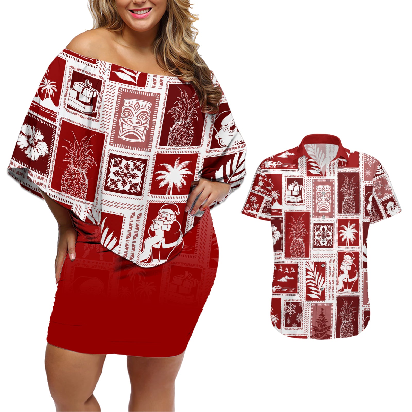 Hawaii Christmas Retro Patchwork Couples Matching Off Shoulder Short Dress and Hawaiian Shirt Red LT7 Red - Polynesian Pride