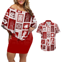 Hawaii Christmas Retro Patchwork Couples Matching Off Shoulder Short Dress and Hawaiian Shirt Red LT7 Red - Polynesian Pride