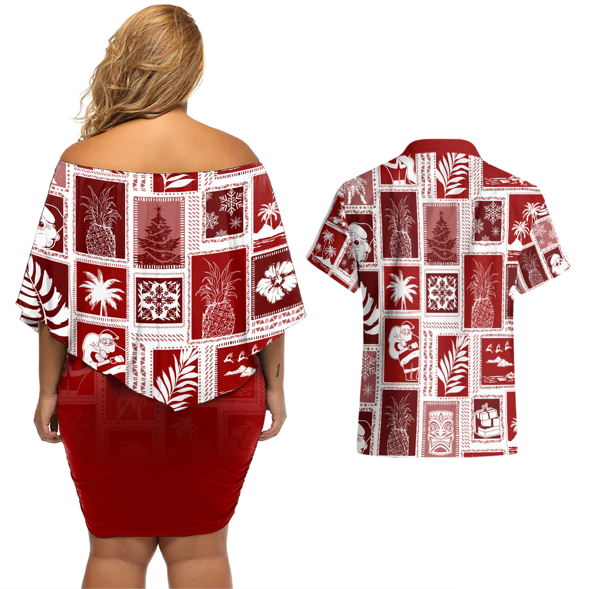 Hawaii Christmas Retro Patchwork Couples Matching Off Shoulder Short Dress and Hawaiian Shirt Red LT7 - Polynesian Pride
