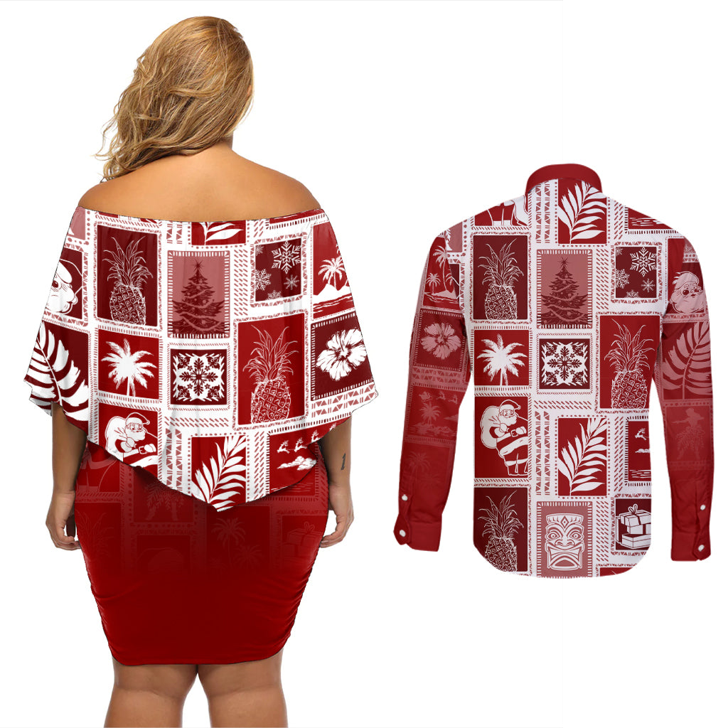Hawaii Christmas Retro Patchwork Couples Matching Off Shoulder Short Dress and Long Sleeve Button Shirt Red LT7 - Polynesian Pride