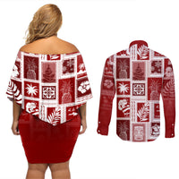 Hawaii Christmas Retro Patchwork Couples Matching Off Shoulder Short Dress and Long Sleeve Button Shirt Red LT7 - Polynesian Pride