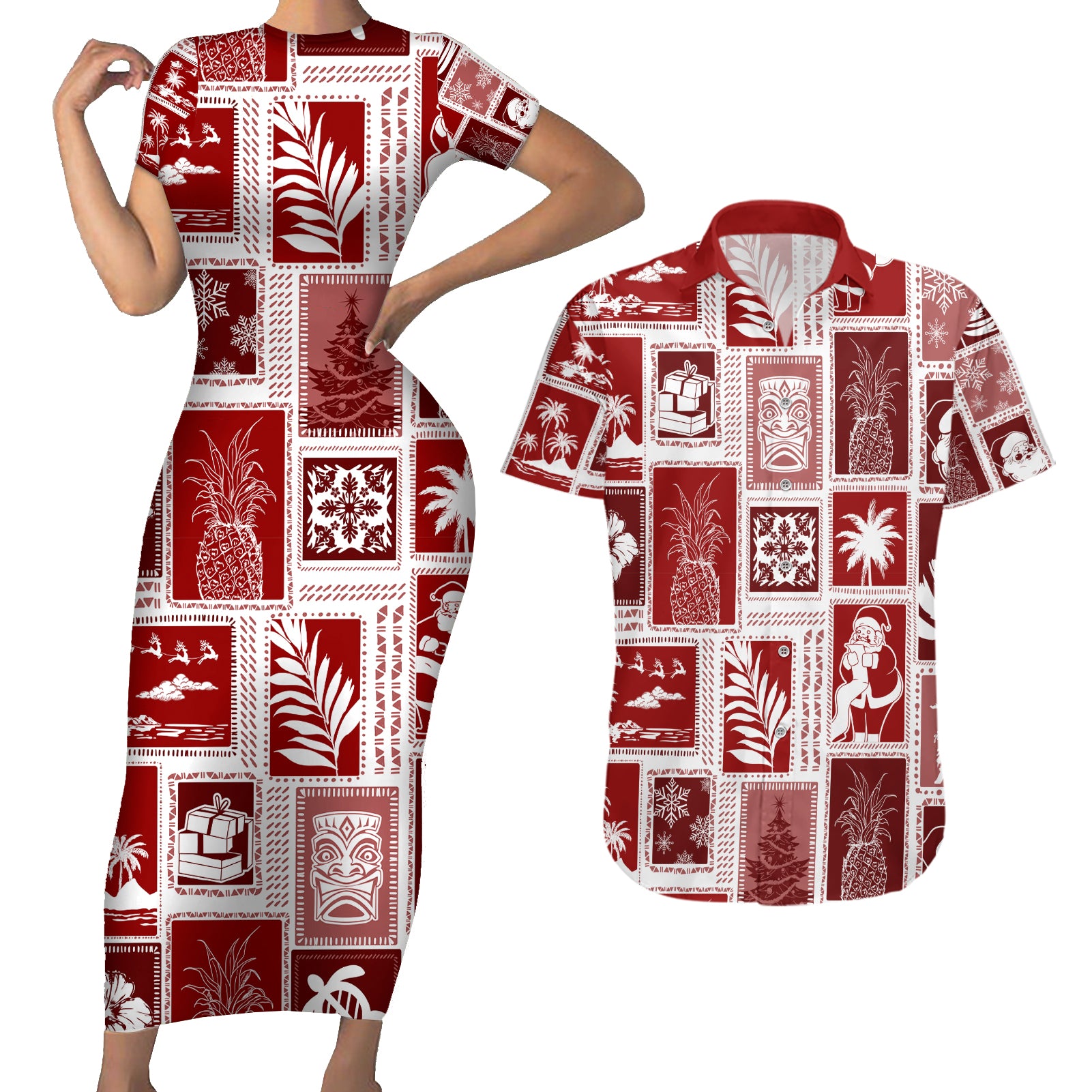 Hawaii Christmas Retro Patchwork Couples Matching Short Sleeve Bodycon Dress and Hawaiian Shirt Red LT7 Red - Polynesian Pride