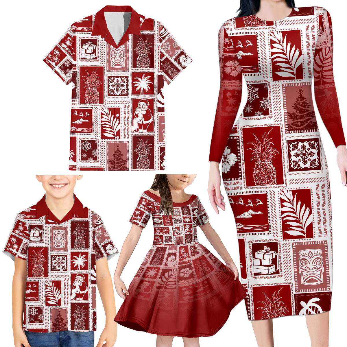 Hawaii Christmas Retro Patchwork Family Matching Long Sleeve Bodycon Dress and Hawaiian Shirt Red LT7 - Polynesian Pride