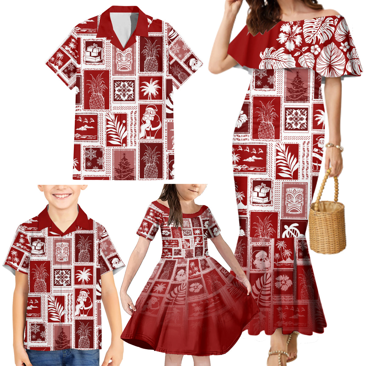 Hawaii Christmas Retro Patchwork Family Matching Mermaid Dress and Hawaiian Shirt Red LT7 - Polynesian Pride