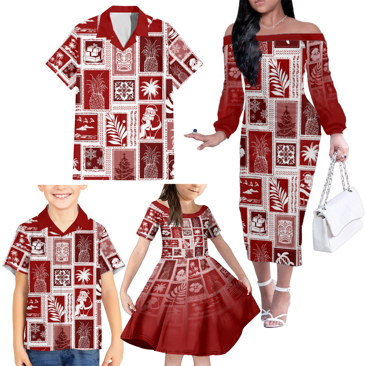 Hawaii Christmas Retro Patchwork Family Matching Off Shoulder Long Sleeve Dress and Hawaiian Shirt Red LT7 - Polynesian Pride