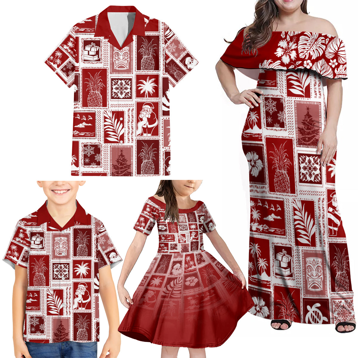 Hawaii Christmas Retro Patchwork Family Matching Off Shoulder Maxi Dress and Hawaiian Shirt Red LT7 - Polynesian Pride