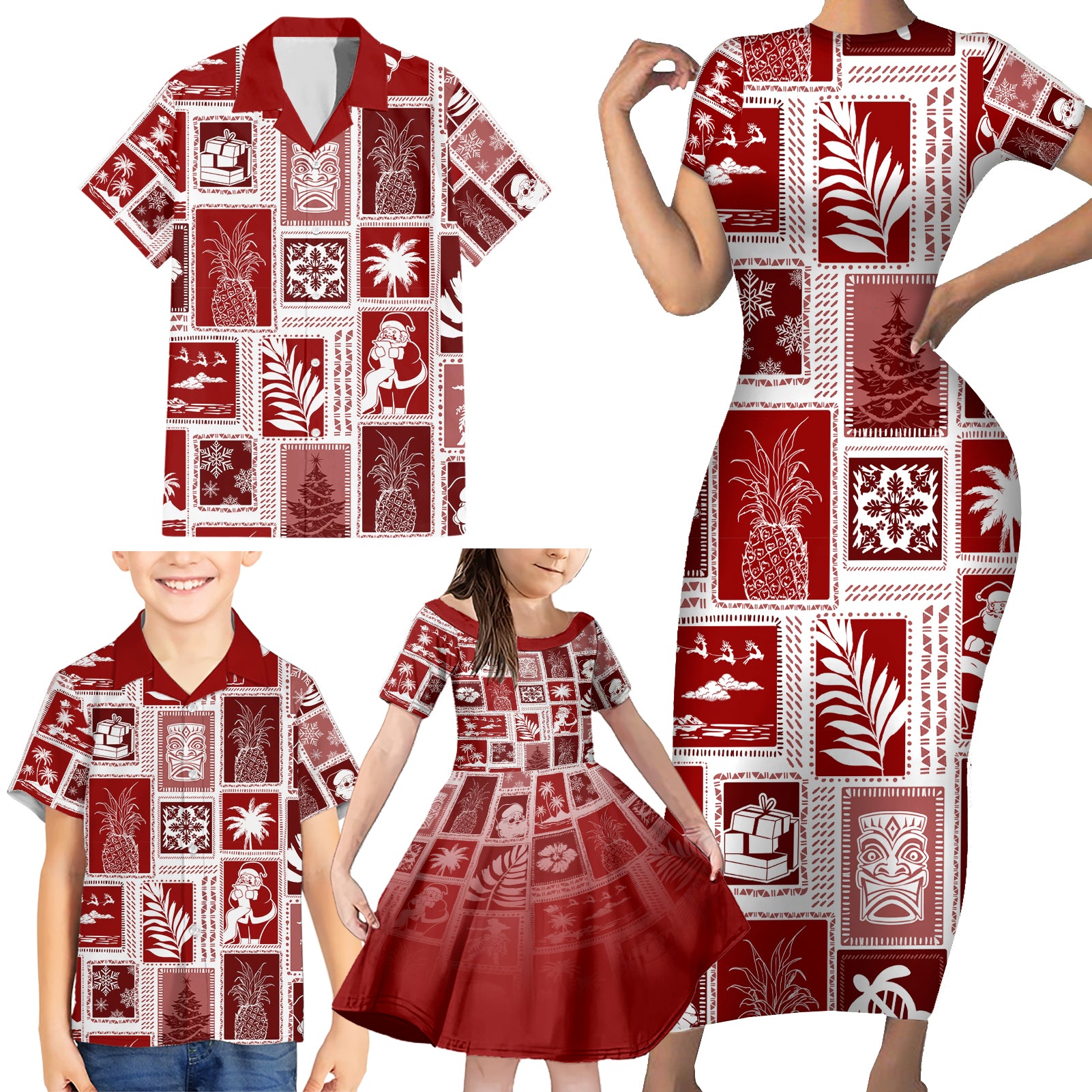 Hawaii Christmas Retro Patchwork Family Matching Short Sleeve Bodycon Dress and Hawaiian Shirt Red LT7 - Polynesian Pride