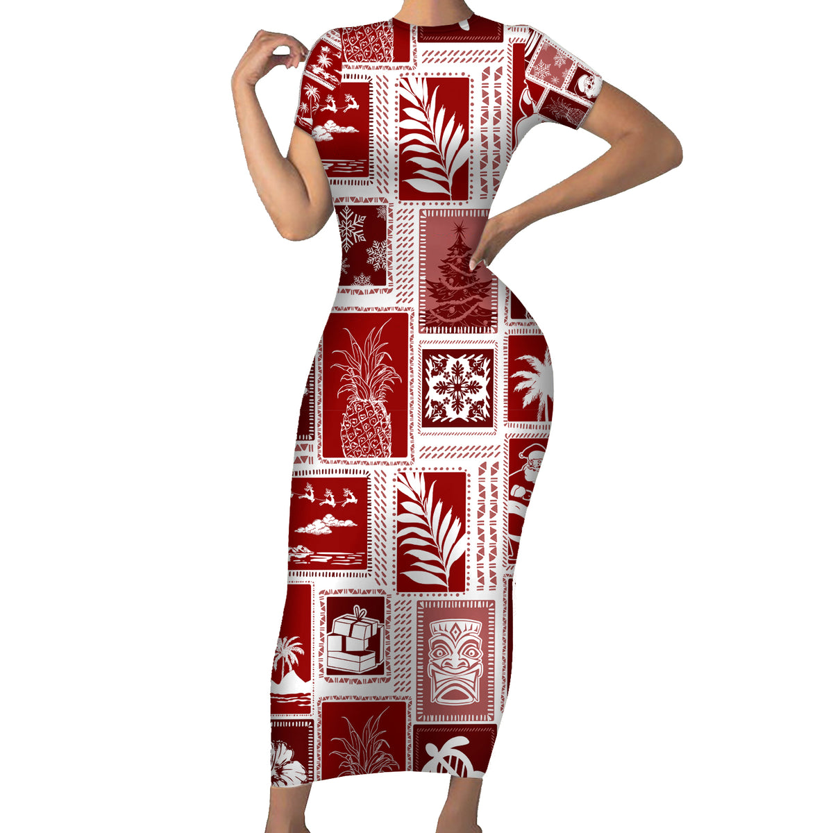 Hawaii Christmas Retro Patchwork Family Matching Short Sleeve Bodycon Dress and Hawaiian Shirt Red LT7 Mom's Dress Red - Polynesian Pride