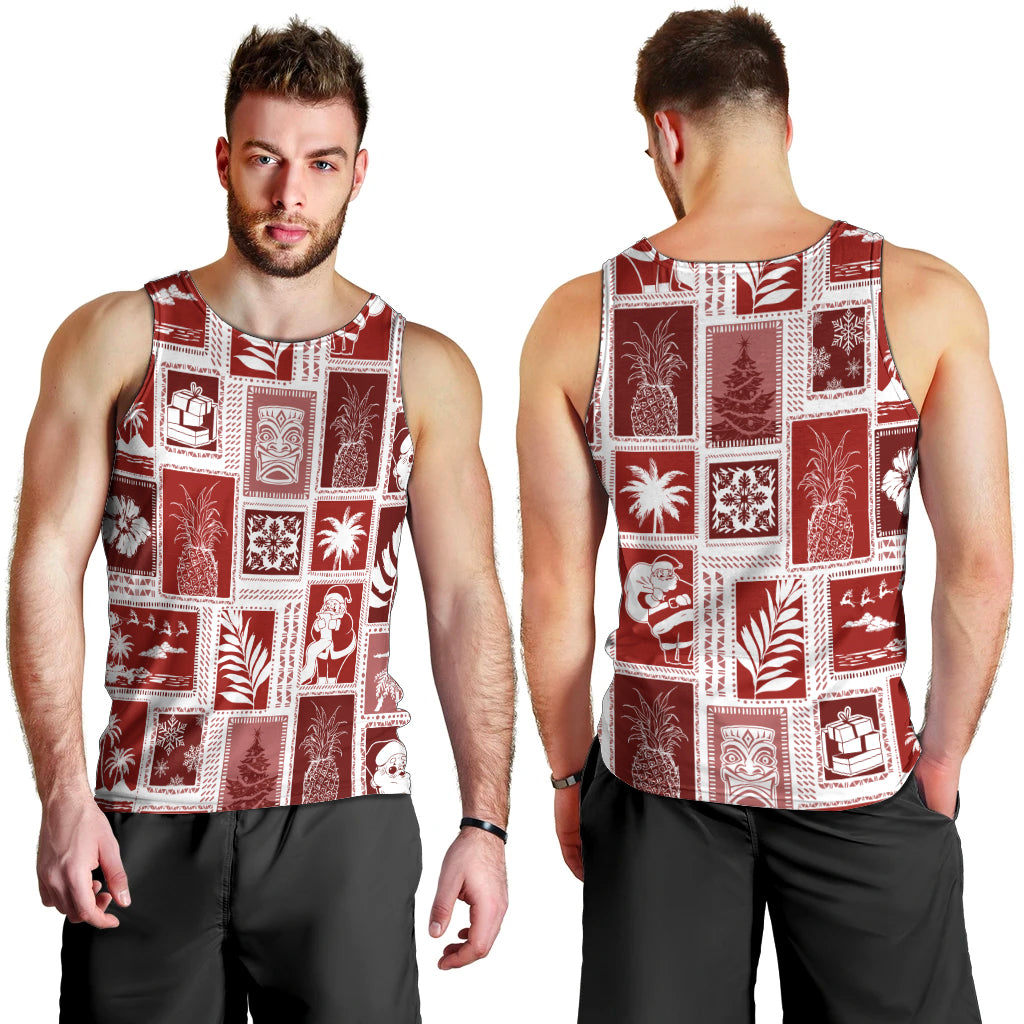 Hawaii Christmas Retro Patchwork Men Tank Top Red LT7 - Polynesian Pride