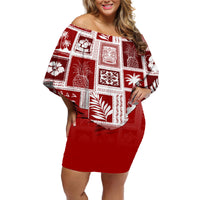Hawaii Christmas Retro Patchwork Off Shoulder Short Dress Red LT7 Women Red - Polynesian Pride