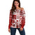 Hawaii Christmas Retro Patchwork Off Shoulder Sweater Red LT7 Women Red - Polynesian Pride