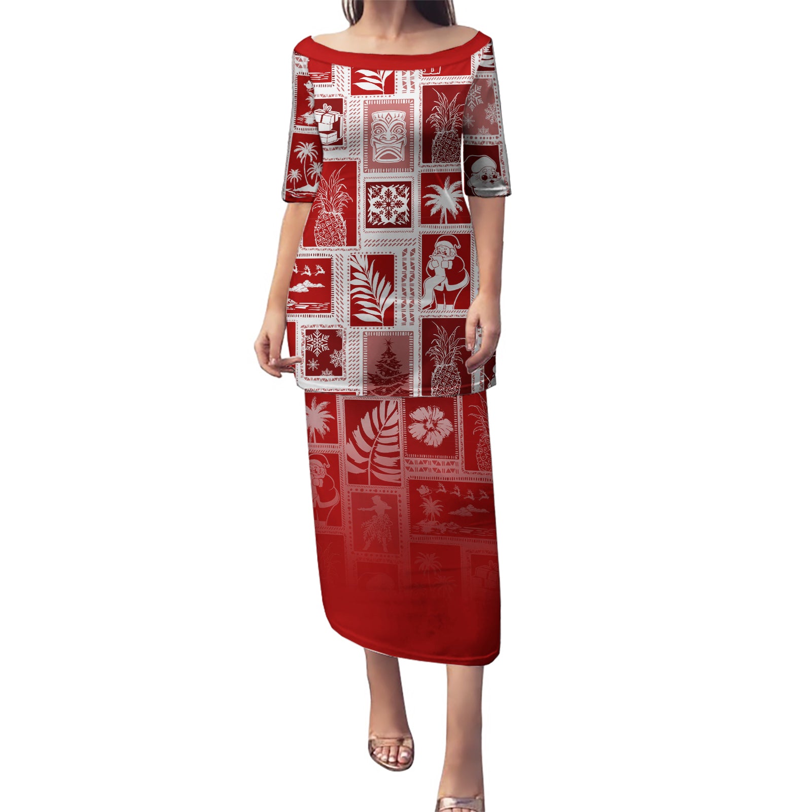 Hawaii Christmas Retro Patchwork Puletasi Red LT7 Long Dress Red - Polynesian Pride