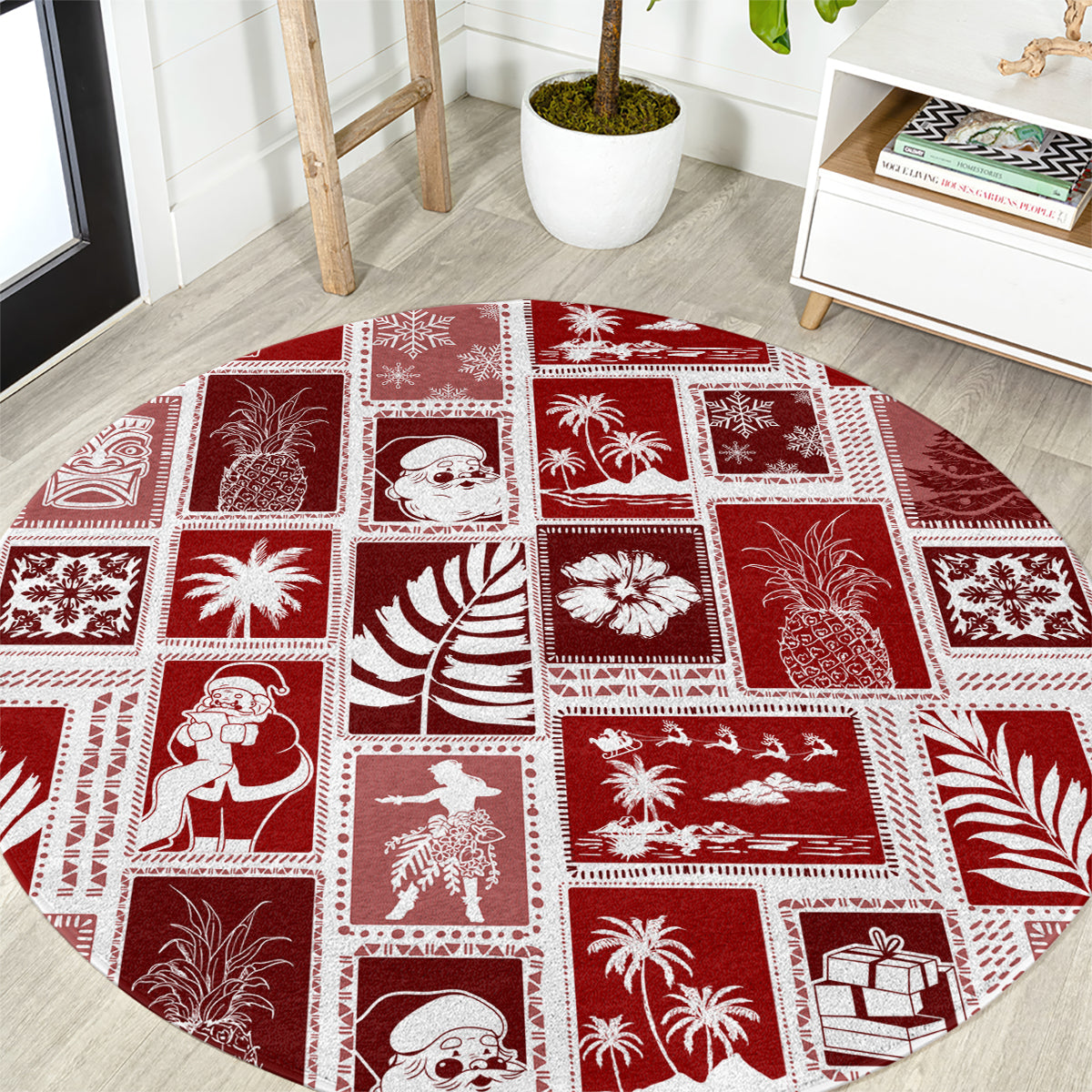 Hawaii Christmas Retro Patchwork Round Carpet Red LT7 Red - Polynesian Pride