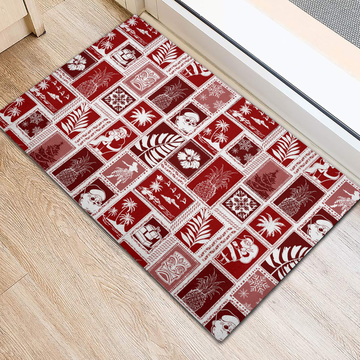 Hawaii Christmas Retro Patchwork Rubber Doormat Red LT7 - Polynesian Pride