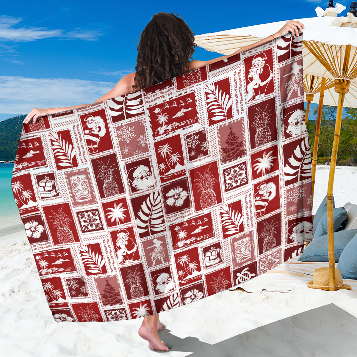 Hawaii Christmas Retro Patchwork Sarong Red LT7 One Size 44 x 66 inches Red - Polynesian Pride