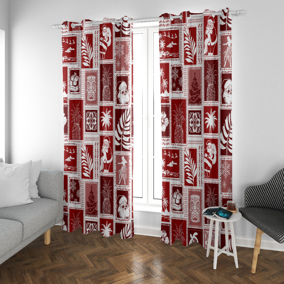 Hawaii Christmas Retro Patchwork Window Curtain Red LT7 With Grommets Red - Polynesian Pride