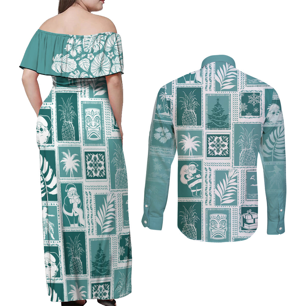 Hawaii Christmas Retro Patchwork Couples Matching Off Shoulder Maxi Dress and Long Sleeve Button Shirt Teal LT7 - Polynesian Pride