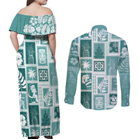Hawaii Christmas Retro Patchwork Couples Matching Off Shoulder Maxi Dress and Long Sleeve Button Shirt Teal LT7 - Polynesian Pride