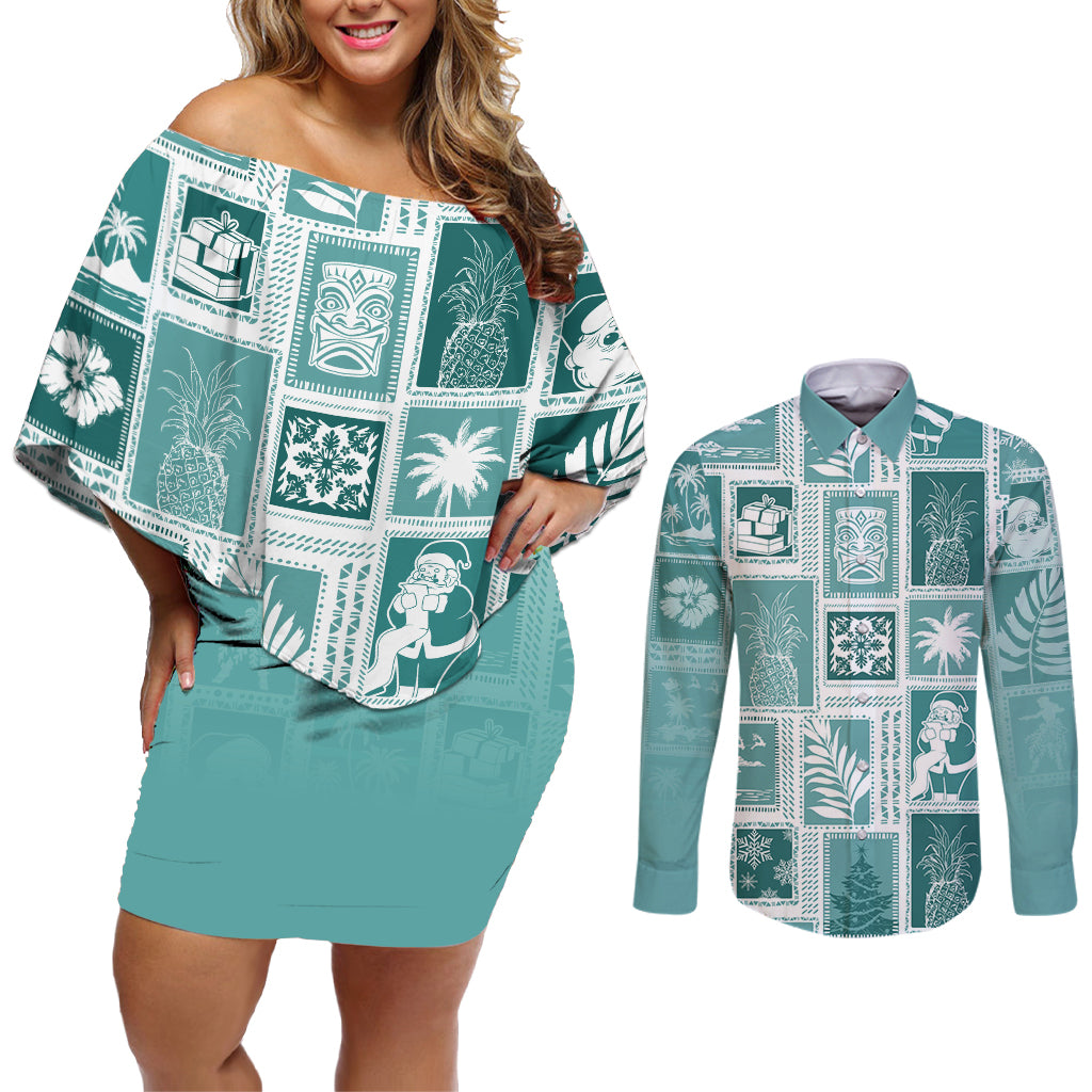 Hawaii Christmas Retro Patchwork Couples Matching Off Shoulder Short Dress and Long Sleeve Button Shirt Teal LT7 Teal - Polynesian Pride