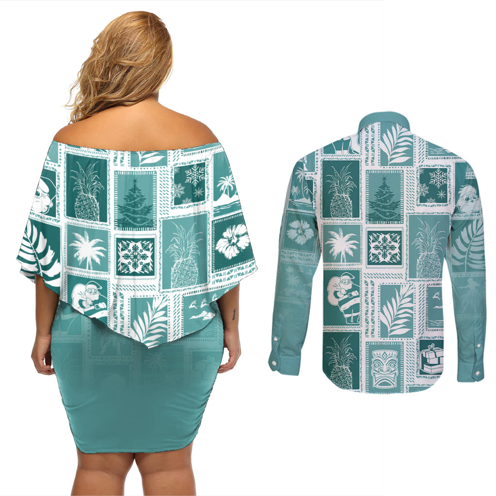 Hawaii Christmas Retro Patchwork Couples Matching Off Shoulder Short Dress and Long Sleeve Button Shirt Teal LT7 - Polynesian Pride