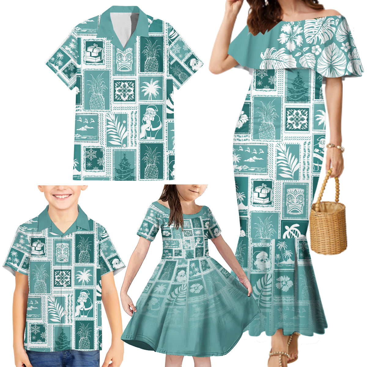 Hawaii Christmas Retro Patchwork Family Matching Mermaid Dress and Hawaiian Shirt Teal LT7 - Polynesian Pride