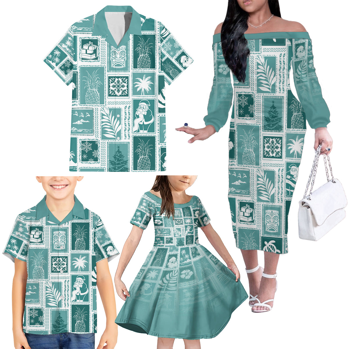 Hawaii Christmas Retro Patchwork Family Matching Off Shoulder Long Sleeve Dress and Hawaiian Shirt Teal LT7 - Polynesian Pride