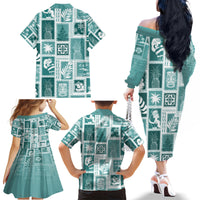 Hawaii Christmas Retro Patchwork Family Matching Off Shoulder Long Sleeve Dress and Hawaiian Shirt Teal LT7 - Polynesian Pride
