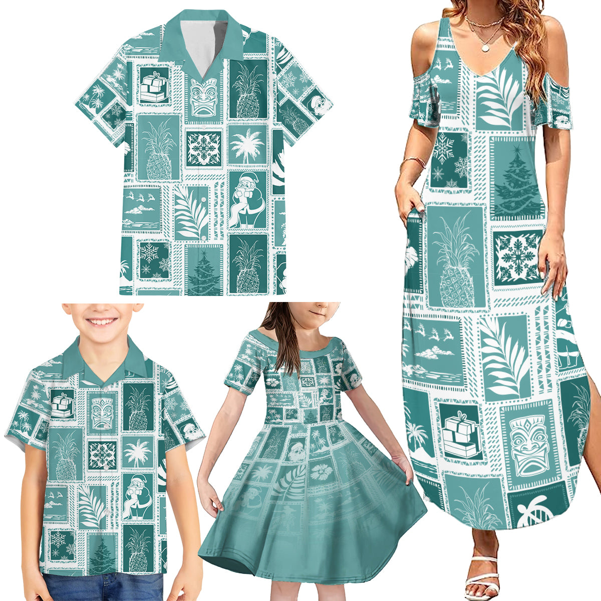 Hawaii Christmas Retro Patchwork Family Matching Summer Maxi Dress and Hawaiian Shirt Teal LT7 - Polynesian Pride