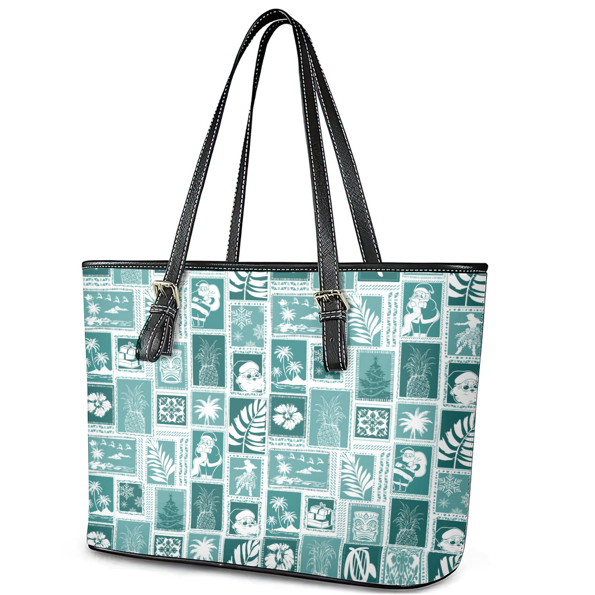 Hawaii Christmas Retro Patchwork Leather Tote Bag Teal LT7 - Polynesian Pride