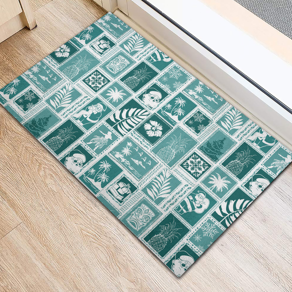 Hawaii Christmas Retro Patchwork Rubber Doormat Teal LT7 - Polynesian Pride