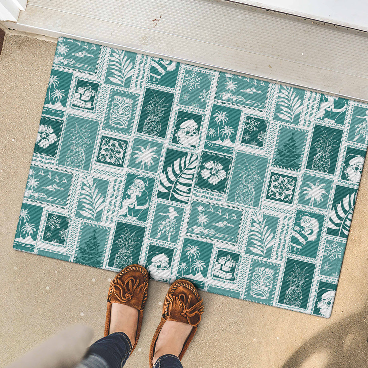 Hawaii Christmas Retro Patchwork Rubber Doormat Teal LT7 - Polynesian Pride