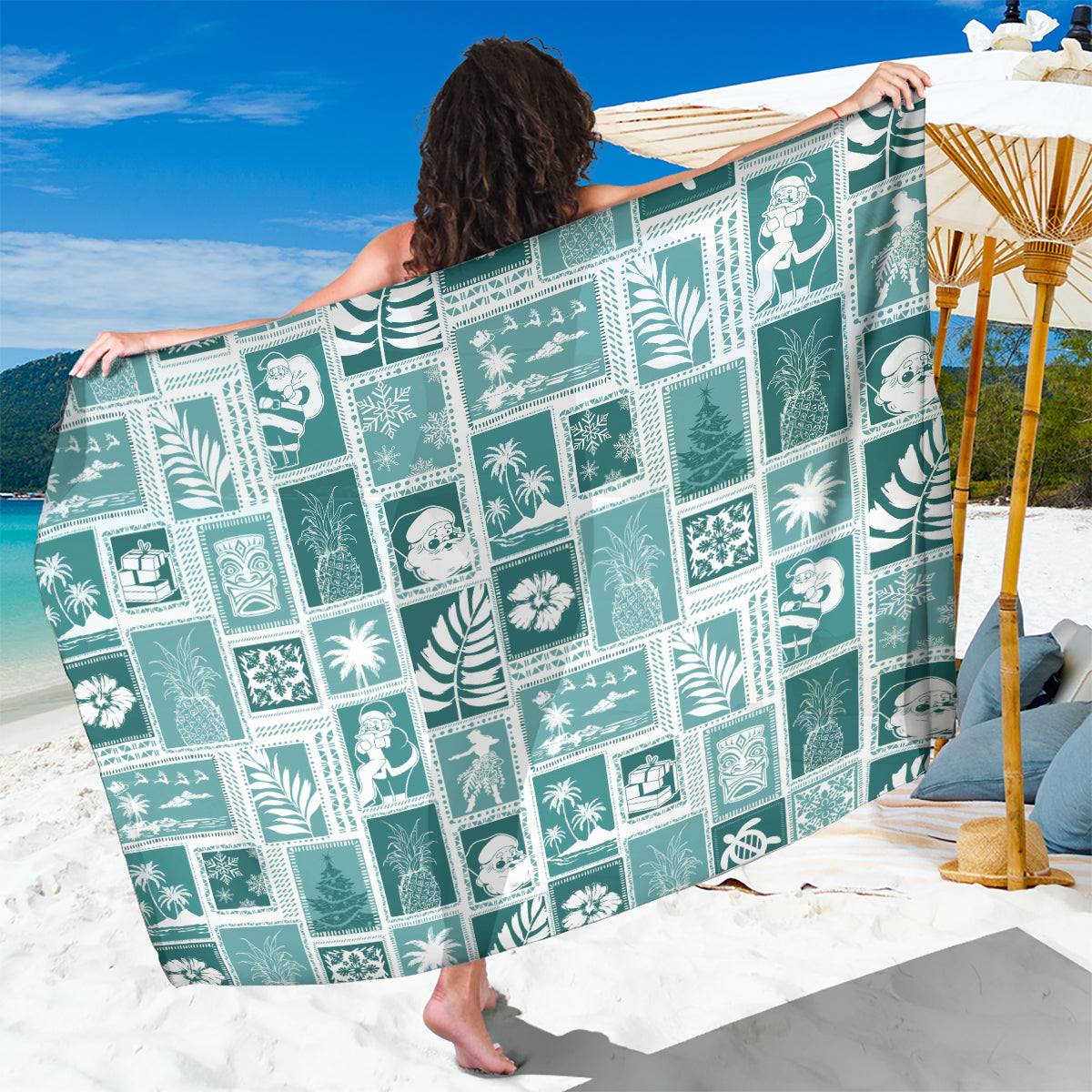 Hawaii Christmas Retro Patchwork Sarong Teal LT7 One Size 44 x 66 inches Teal - Polynesian Pride