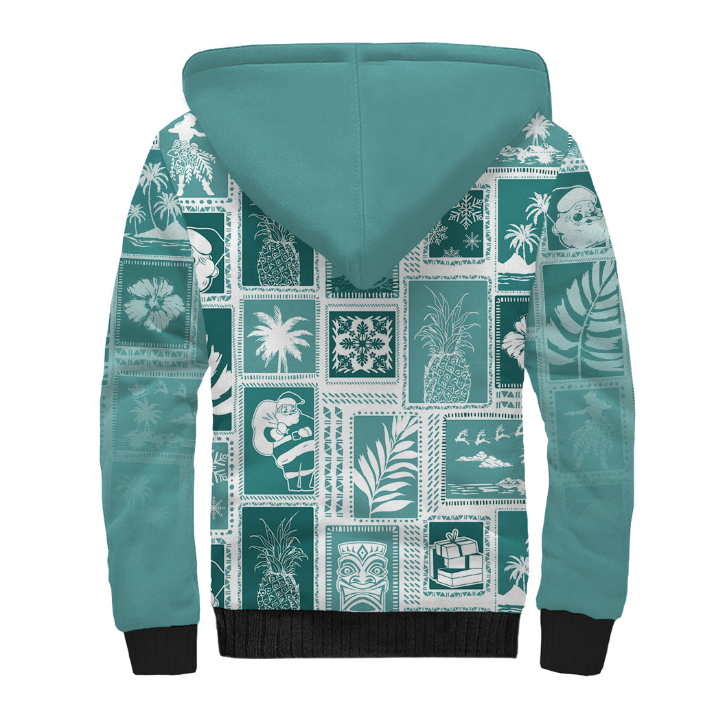 Hawaii Christmas Retro Patchwork Sherpa Hoodie Teal LT7 - Polynesian Pride
