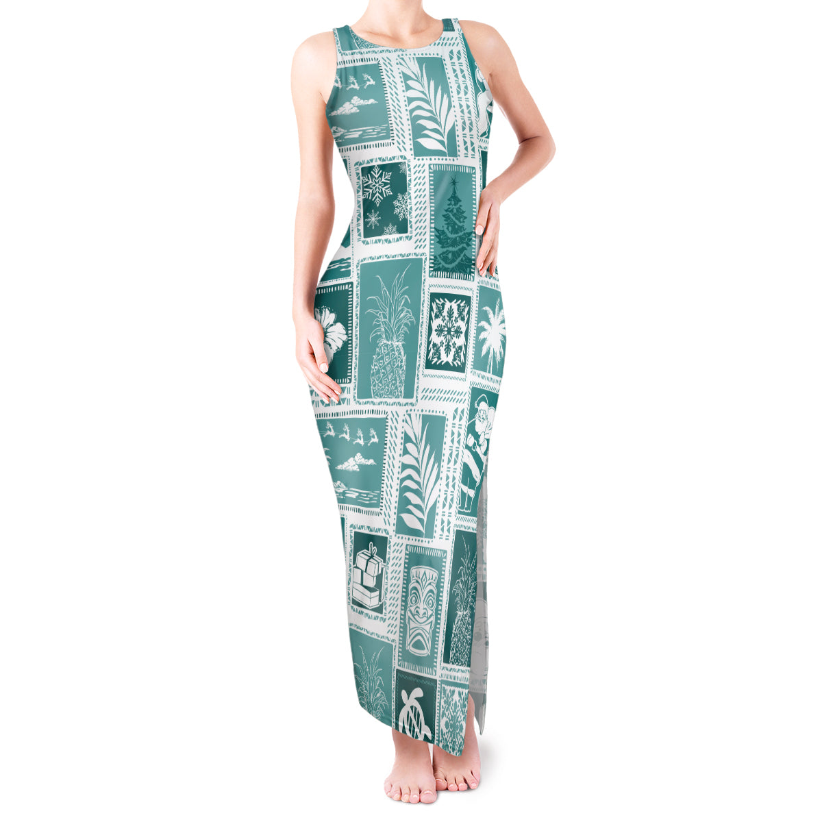 Hawaii Christmas Retro Patchwork Tank Maxi Dress Teal LT7 Women Teal - Polynesian Pride