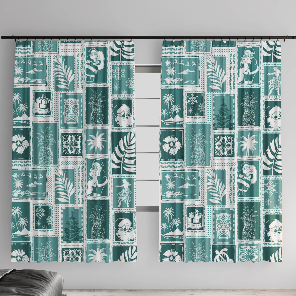 Hawaii Christmas Retro Patchwork Window Curtain Teal LT7 With Hooks Teal - Polynesian Pride