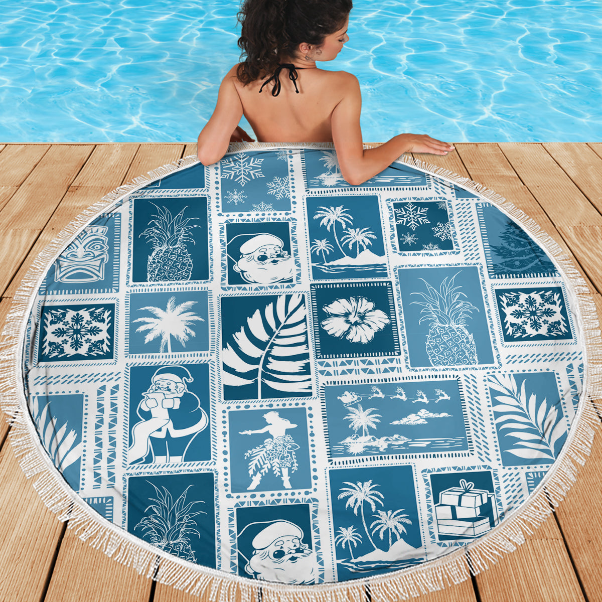 Hawaii Christmas Retro Patchwork Beach Blanket Aquamarine LT7 - Polynesian Pride
